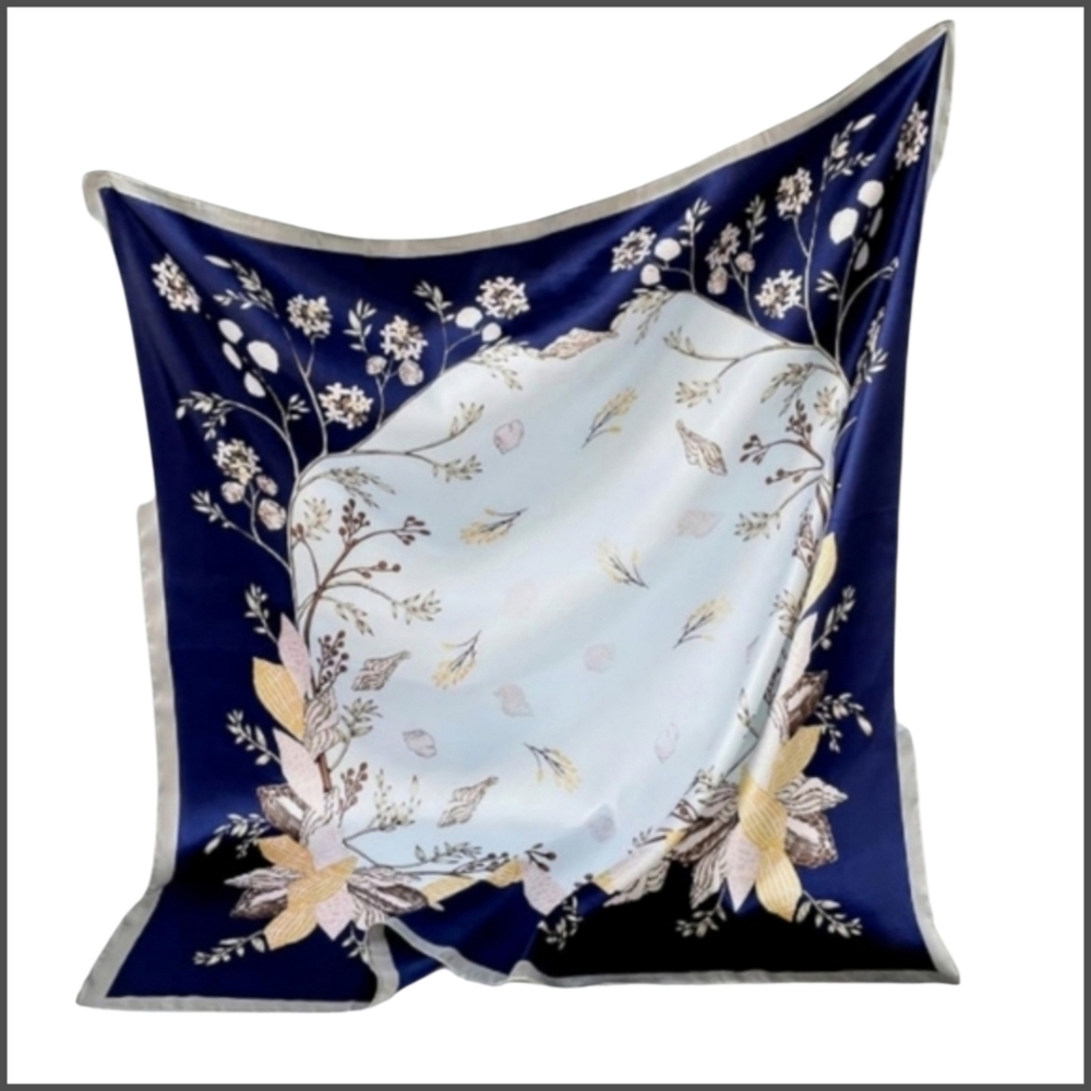 Floral Soft Scarf in Navy and Cream – 35" Square, NWT